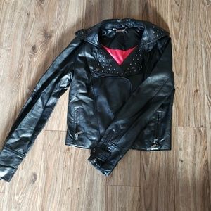 Black vegan leather jacket with silk pink lining